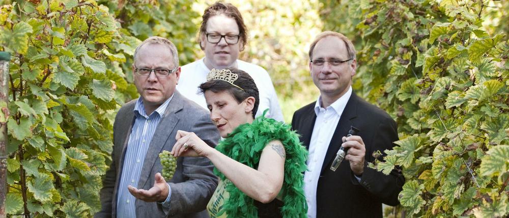 Auch sowas machen Stadträte: Hans Panhoff (l.) und Peter Beckers mit Winzer Daniel Mayer (hinten) und Weinkönigin Jana Sabban auf dem Kreuzberg bei der Weinlese.