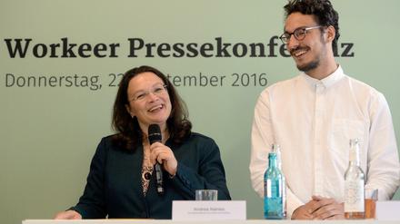 Arbeitsministerin Andrea Nahles (SPD) und David Jacob, Gründer von «Workeer», nehmen am 22.09.2016 in Berlin an einer gemeinsamen Pressekonferenz teil. 