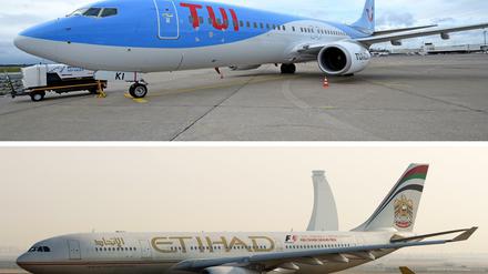 Die Bildkombo zeigt eine Boeing von Tuifly in Hannover und eine Maschine der Etihad Airways, aufgenommen auf dem Flughafen von Doha (Katar).