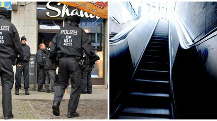 Razzia am Stuttgarter Platz (links), Rolltreppe am Anhalter Bahnhof (rechts).