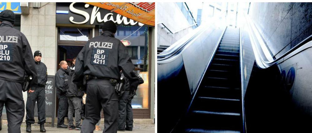 Razzia am Stuttgarter Platz (links), Rolltreppe am Anhalter Bahnhof (rechts).