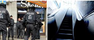 Razzia am Stuttgarter Platz (links), Rolltreppe am Anhalter Bahnhof (rechts).