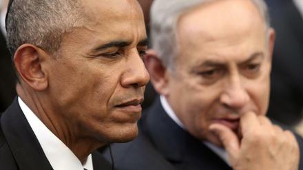 Barack Obama und Benjamin Netanjahu bei der Trauerfeier für Schimon Peres in Jerusalem.