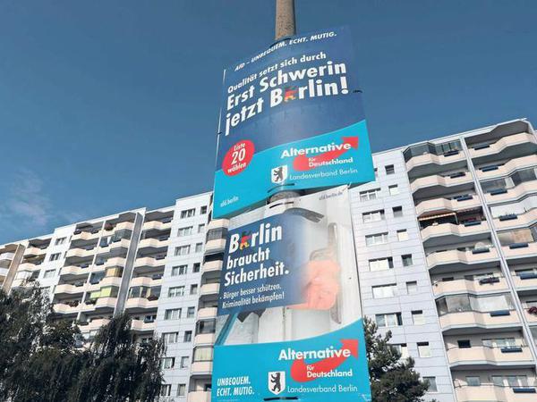 AfD-Plakate in Marzahn-Hellersdorf. Die Partei ist in alle zwölf Berliner Bezirksverordnetenversammlungen eingezogen – und ins Landesparlament.