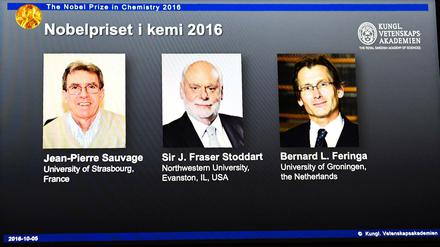 Die Preisträger in Chemie: Jean-Pierre Sauvage, Fraser Stoddart und Bernard Feringa. 