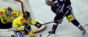 Spencer Machacek (r) von den Eisbären Berlin und Torwart Niklas Treutle (l) und Mike Collins von den Krefeld Pinguinen kämpfen um den Puck.