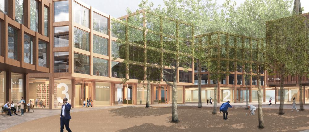 Fünf neue Gebäude sollen um den denkmalgeschützten Altbau herum entstehen. Zentrales Element ist der neue Rathausplatz.