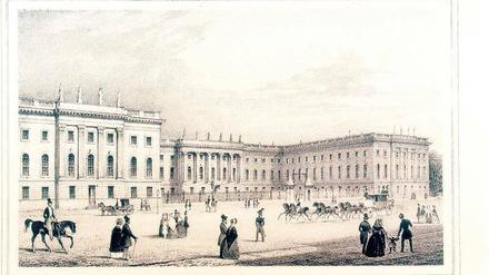 Weitblick. Die Lithographie des Berliner Künstlers Wilhelm Loeillot von 1845 zeigt das Berliner Bürgertum auf der Flaniermeile vor dem Universitätsgebäude.