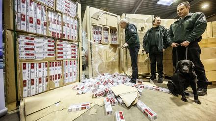 Zollbeamte mit einem Spürhund stehen in Melsdorf (Schleswig-Holstein) in einer Verwahrstelle des Zolls vor konfiszierten Paletten mit geschmuggelten Zigaretten. 