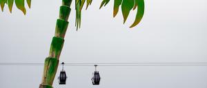 Die Seilbahn schwebt schon, aber fährt noch nicht. Die Palme gehört zum Wasserspielplatz "Konrad rettet die Südsee".