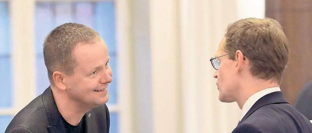 Auf in die nächste Runde. Der Linke Klaus Lederer und Michael Müller (SPD) sind bereit für die Verhandlungen.