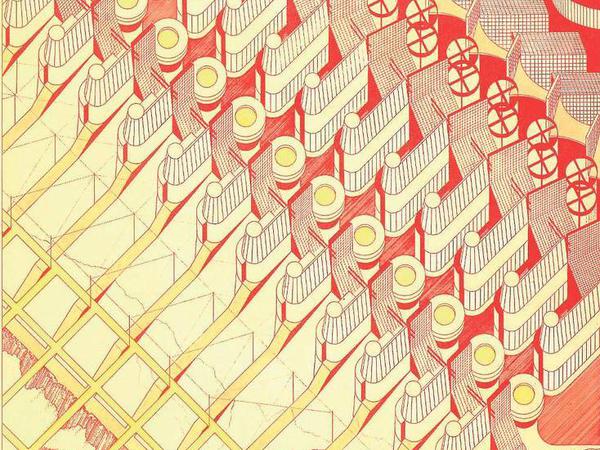 Sonne, marsch! Peter Cook sah 1981 eine „Solar City“ voraus. Das Blatt kombiniert Druck und Aquarell.