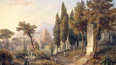 Pyramide und Prominenz. Ausschnitt aus Rudolph Müllers Aquarell „Der protestantische Friedhof in Rom mit dem Grab von Julius August Walther von Goethe (1789-1830)“, entstanden etwa 1840.