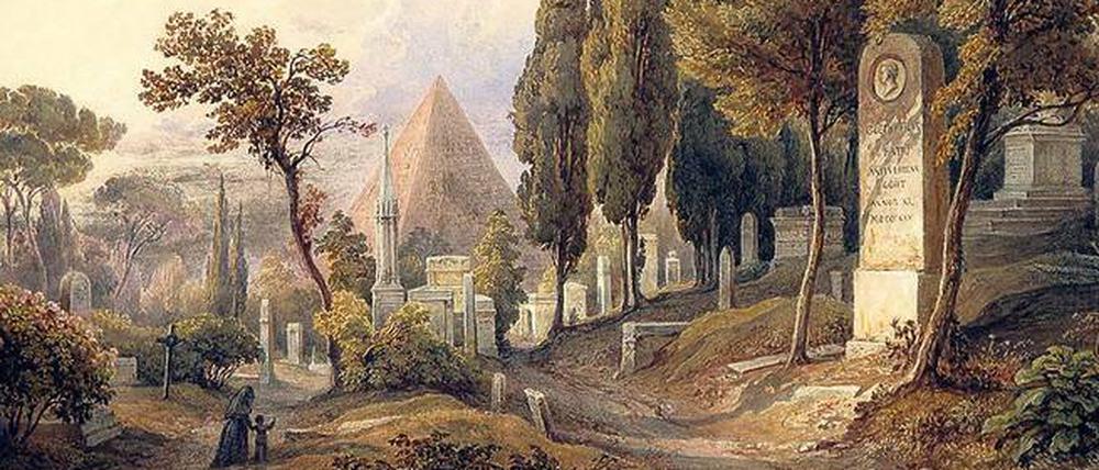 Pyramide und Prominenz. Ausschnitt aus Rudolph Müllers Aquarell „Der protestantische Friedhof in Rom mit dem Grab von Julius August Walther von Goethe (1789-1830)“, entstanden etwa 1840.