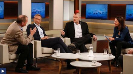 Streithähne. Anne Will hatte FDP-Mann Christian Lindner zwischen Manfred Spitzer (links) und Blogger Sascha Lobo gesetzt. Eine gute Entscheidung.