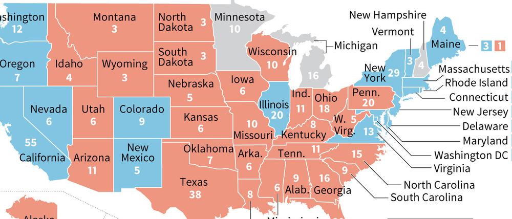 Karte mit Wahlergebnis in den US-Bundesstaaten mit den Wahlmännerstimmen.