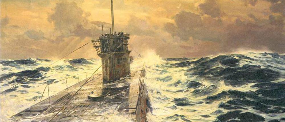 Aufgetaucht. Claus Bergens Bild „Im Kampfgebiet des Atlantik“ (vor 1941, 180 mal 320 Zentimeter) glorifiziert den Krieg zu Wasser. Hitler selbst kaufte es an. 