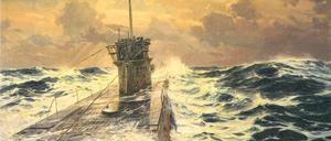 Aufgetaucht. Claus Bergens Bild „Im Kampfgebiet des Atlantik“ (vor 1941, 180 mal 320 Zentimeter) glorifiziert den Krieg zu Wasser. Hitler selbst kaufte es an. 