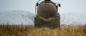 Ein Bauer bringt Dünger auf seinem Feld aus. 