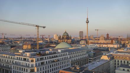Ein Blick über die Dächer in Mitte lässt zahlreiche Baukräne erkennen- 