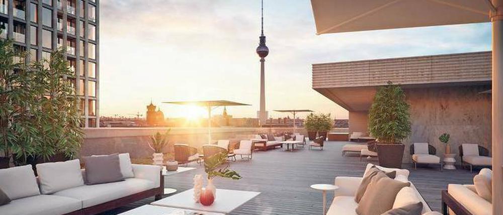 Mieter und Eigentümer im "Grandaire" erwerben mit der gemeinsamen Dachterrasse den Zugang zur Kitchen-Lounge und zum Fitnessbereich.