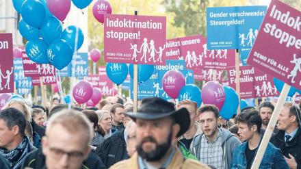 Auf der Straße. Ende Oktober protestierte die „Demo für Alle“ in Wiesbaden gegen einen neuen Lehrplan in den Schulen. 