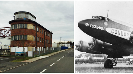 Links der alte Tower im Industriegebiet, rechts die Condor auf dem Weg nach New York.