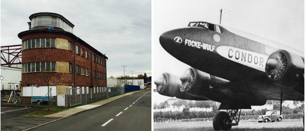 Links der alte Tower im Industriegebiet, rechts die Condor auf dem Weg nach New York.