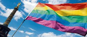 Die Regenbogenfahne weht am 22.06.2013 während des Umzugs zum Christopher Street Day (CSD) vor der Siegessäule in Berlin. 