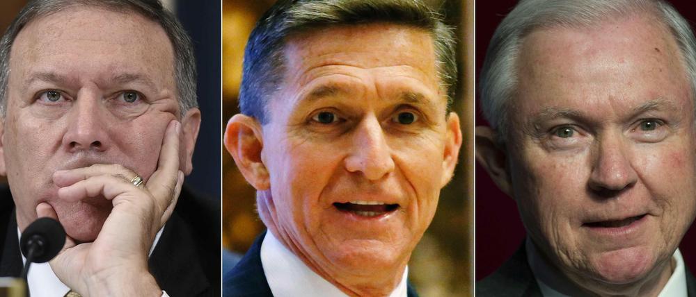 Drei für Trump, von links nach rechts: Mike Pompeo, Michael Flynn, Jeff Sessions. 