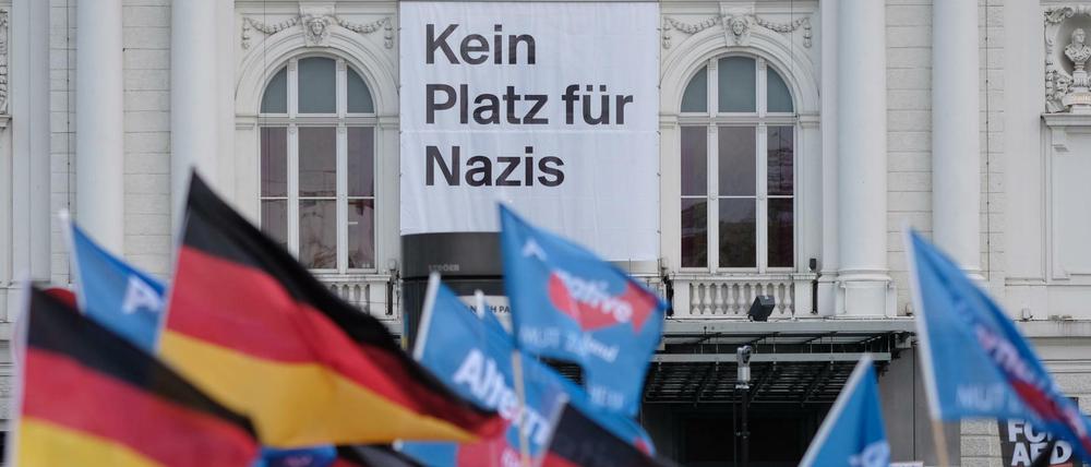 Teilnehmer einer AfD-Demo in Hamburg schwenken Fahnen vor dem Deutschen Schauspielhaus.