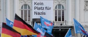 Teilnehmer einer AfD-Demo in Hamburg schwenken Fahnen vor dem Deutschen Schauspielhaus. 