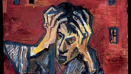 Rebell. Maxim Kantor, „Mann vor rotem Haus, sich an den Kopf fassend“.
