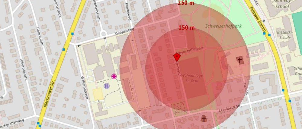 Diese Grafik hat die Polizei veröffentlicht. Es gilt nur der 250-Meter-Kreis.