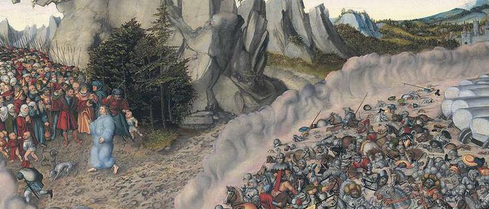 Lucas Cranach d. Ä. überträgt die Geschichte von Moses’ Durchquerung des Roten Meers im Gemälde von 1530 (Ausschnitt) auf die Reformation.
