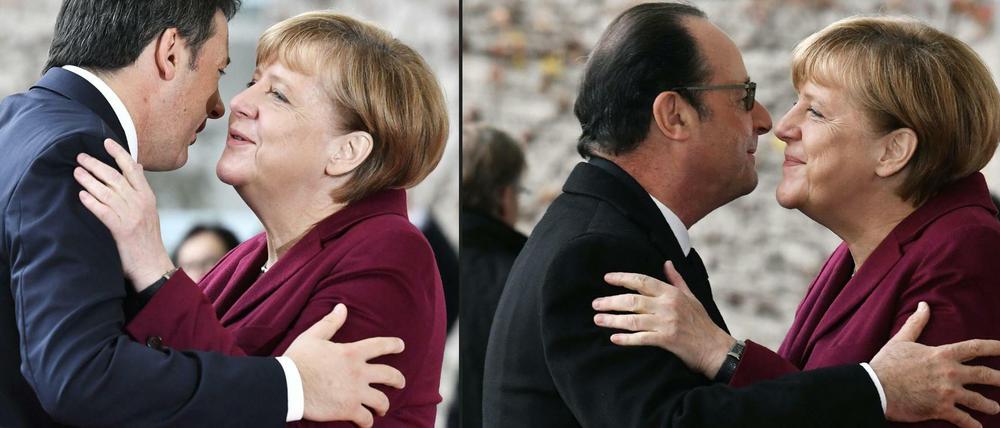 Wer bleibt bei Merkel? Die Premiers von Spanien und Großbritannien, Rajoy und May, erstmal schon. Renzi (Italien) und Hollande stehen auf der Kippe (von oben links).