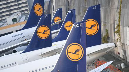 Lufthansa-Maschinen parken am Flughafen von Frankfurt am Main (Hessen) am Rande des Vorfeldes. 