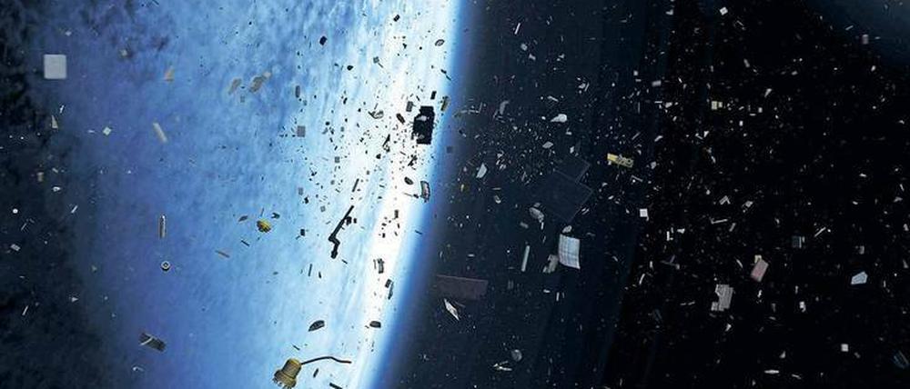 Unerwünschte Verkettung. Bei Zusammenstößen im Orbit entstehen zahlreiche Bruchstücke, die wiederum anderen Satelliten gefährlich werden können.