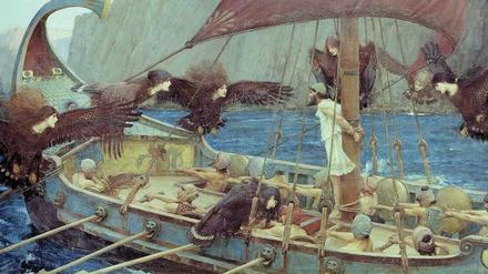 Odysseus, ewig auf der Flucht. Die Sirenen wollen ihn in den Tod locken mit ihrem Gesang. Gemälde von John William Waterhouse, 1891.