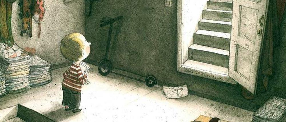 Keine Angst. Unbeirrt folgt der kleine Junge der Spur der Bilder – und der Katze – in ein ziemlich geheimnisvolles Haus. Am Ende wartet eine Überraschung. 