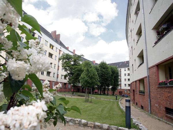Blick in den baumbestandenen Innenhof einer Wohnanlage.
