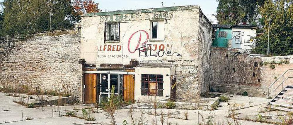 Ruinenbrache. Schwer zu erkennen, wofür der in Charlottenburg fotografierte Schriftzug "Alfred Bajon" mal gestanden haben mag.