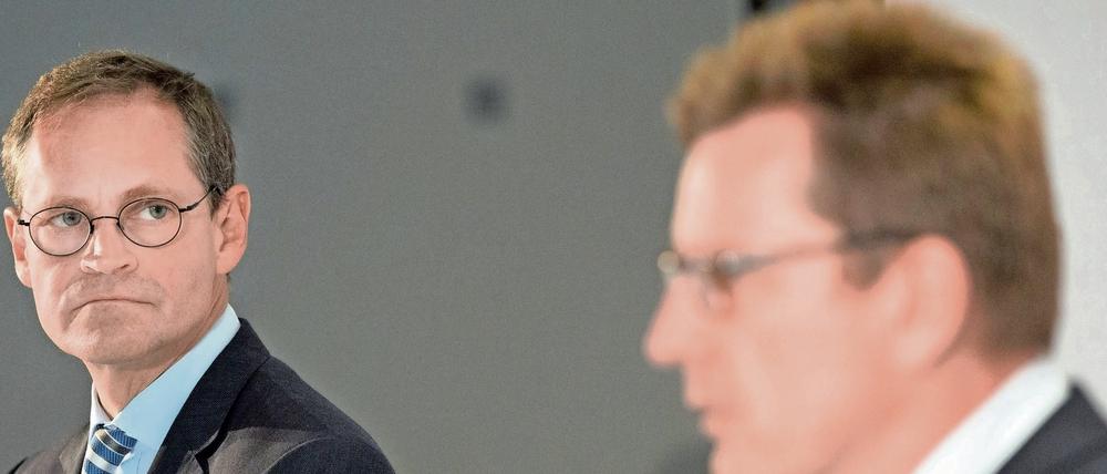 Streit bei der letzten BER-Aufsichtsratssitzung: Berlins Regierender Bürgermeister Müller (links) und Flughafenchef Mühlenfeld