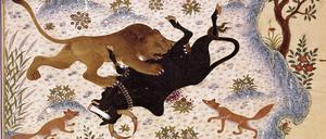 Dargestellt ist eine Szene zur Illustration einer Fabel: Ein Löwe hat ein Huftier gerissen, zwei Füchse schauen zu.