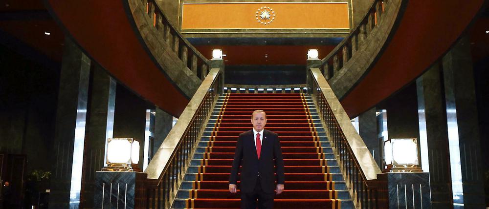 Pracht zur Macht: Der türkische Präsident Recep Tayyip Erdogan posiert 2014 in seinem neuen Sitz in Ankara, dem Ak Saray, einem 1000-Zimmer-Gebäude.