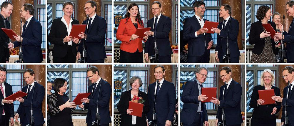 Der Regierende Bürgermeister Michael Müller und die neuen Senatoren.