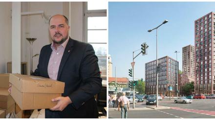 Links Baustadtrat Bewig, rechts die groben Pläne für die Neugestaltung der Post.