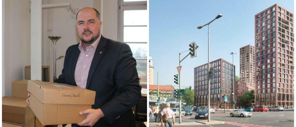 Links Baustadtrat Bewig, rechts die groben Pläne für die Neugestaltung der Post.