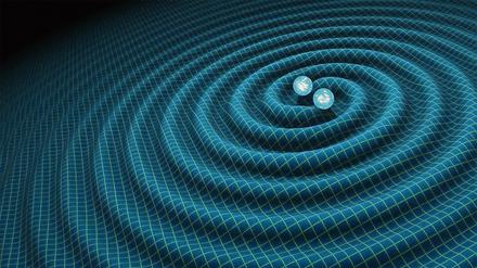 Tanz der Giganten. Diese Grafik zeigt, wie Gravitationswellen in einer Doppelsonne aus zwei Neutronensternen entstehen. Einstein hatte die „Kräuselungen der Raumzeit“ 1916 prophezeit. 100 Jahre später wurde er bestätigt.