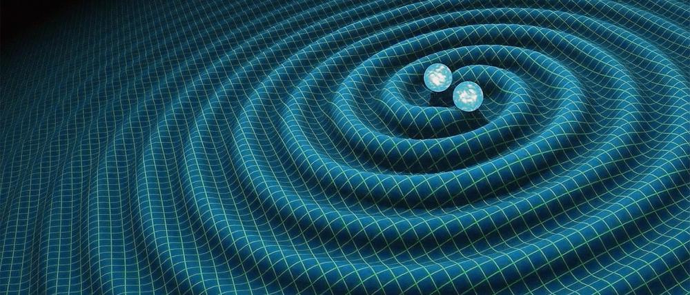 Tanz der Giganten. Diese Grafik zeigt, wie Gravitationswellen in einer Doppelsonne aus zwei Neutronensternen entstehen. Einstein hatte die „Kräuselungen der Raumzeit“ 1916 prophezeit. 100 Jahre später wurde er bestätigt.